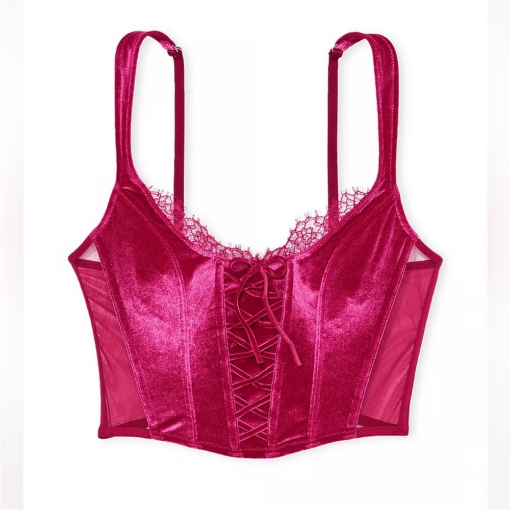 Victoria's Secret Pink Raspberry Velour Lace-Up Corset Bra